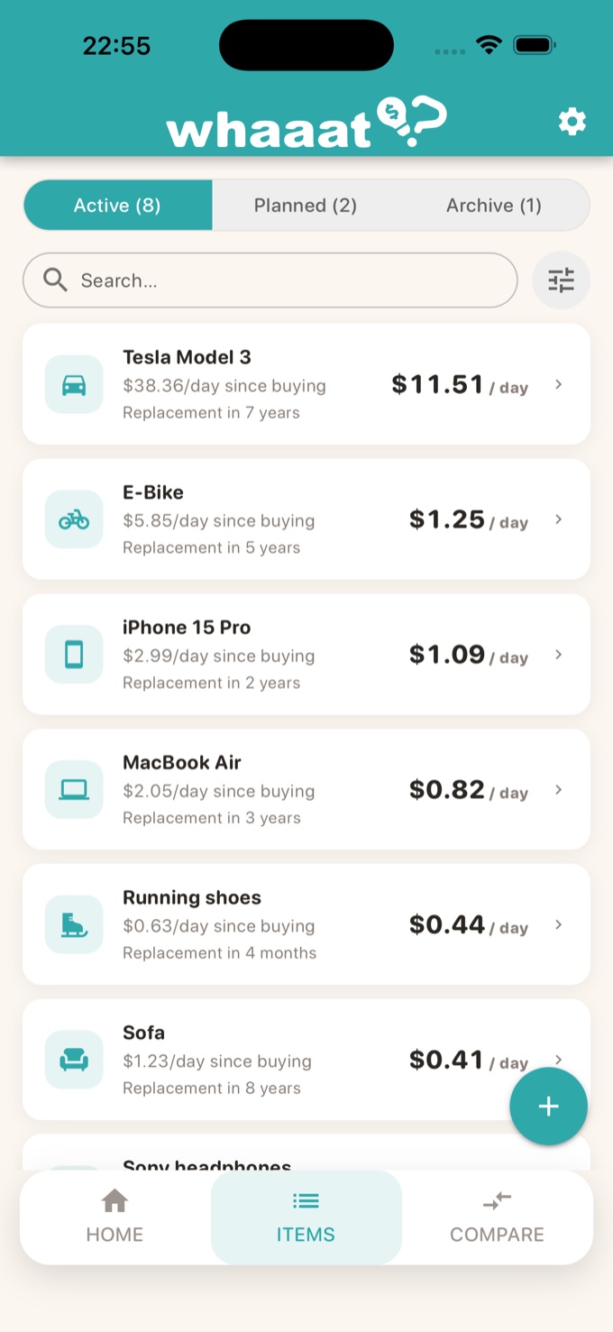 Items list, searchable and sorted by cost per day